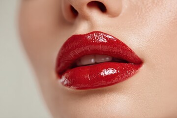 Fototapeta premium Vibrant close-up of woman's luscious red glossy lips, highlighting beauty.