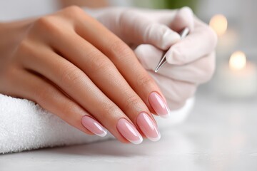 Professional French Manicure on Elegant Hands, Receiving Expert Nail Care at a Beauty Salon.