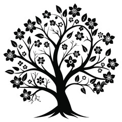 Silhouette of a Flowering Tree with Blossoms and Leaves, Black on Light Background