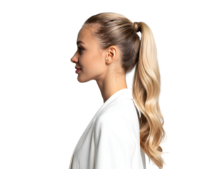 Beautiful white girl side view with a ponytail hair isolated on a transparent background.