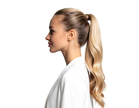 Beautiful white girl side view with a ponytail hair isolated on a transparent background.