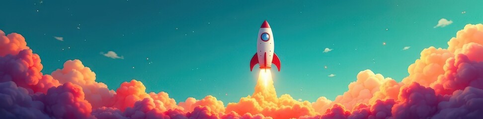 Cute cartoon rocket ship ready for liftoff, simple lines , cute, rocket