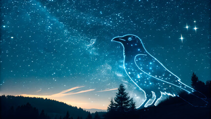 Celestial glowing bird silhouette among stars with mountain landscape at night