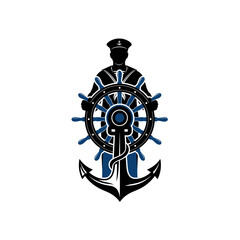 Obraz premium Nautical Sailor Logo: A Silhouette of a Sailor Holding a Ship's Wheel with an Anchor, Symbolizing Adventure, Leadership, and Sea Travel.