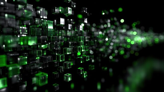 Dynamic green code streams cascade down a dark backdrop, creating a mesmerizing effect. The patterns shift constantly, invoking a futuristic atmosphere