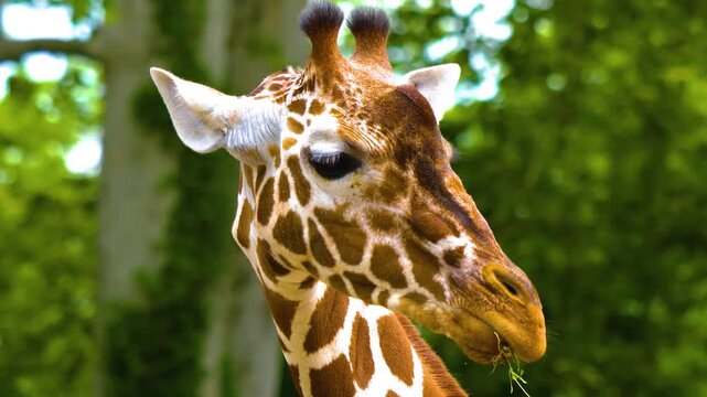 Close up of a giraffe head chewing and looking around on a sunny  spring day