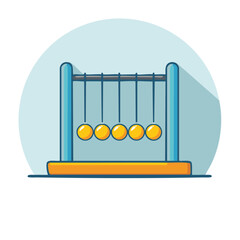 Stylized Newton's Cradle illustration featuring oscillating spheres, physics demonstration, balance motion, impact, and science principles in minimalist design.