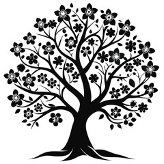 Silhouette Tree with Flowers, Branches, and Leaves Illustration for Art and Design Projects