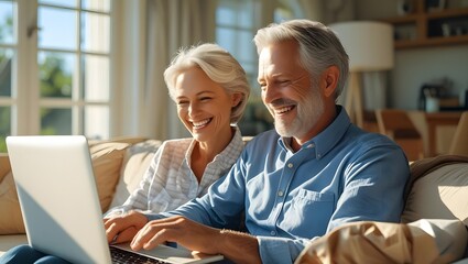 Silver-Haired Couple's Digital Journey: A radiant senior couple shares a moment of connection as they navigate the digital world, embracing technology with smiles and contentment. 