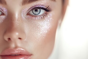 Obraz premium Close-up shot capturing a radiant female face adorned with sparkling makeup, highlighting the blue eyes and glossy lips for a glamorous and elegant aesthetic.