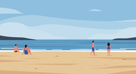 Fototapeta premium Beach scene with people relaxing and walking near ocean under blue sky vector illustration 
