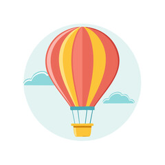 Fototapeta premium Vibrant hot air balloon soars among fluffy clouds against soft sky background for promotional travel posters