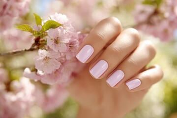 Elegant woman's hand with light pink manicure, delicately poised near blooming cherry blossoms, radiating beauty and serenity in springtime garden.