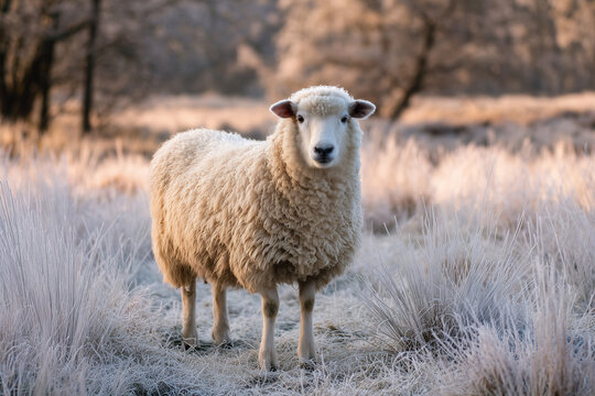 Sheep stands alone in a frosty morning landscape amidst the glistening grass and trees