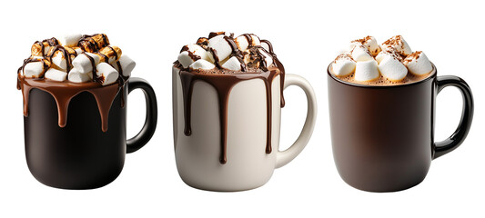 set of cup of rich hot chocolate with large, soft marshmallows floating on top isolated on transparent background	