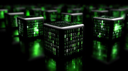 Dynamic green code streams cascade down a dark backdrop, creating a mesmerizing effect. The patterns shift constantly, invoking a futuristic atmosphere