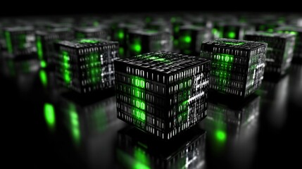 Dynamic green code streams cascade down a dark backdrop, creating a mesmerizing effect. The patterns shift constantly, invoking a futuristic atmosphere