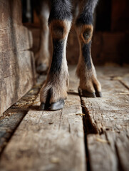 Goat hooves navigating uneven wooden planks in a rustic barn
