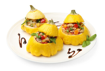 Tasty stuffed pattypan squashes isolated on white