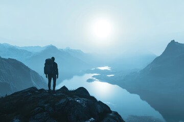 A lone hiker pauses atop a mountain, gazing at a serene valley and fjord below, bathed in the soft light of dawn or dusk.