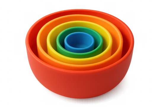 Set of rainbow colored stacking bowls on transparent background