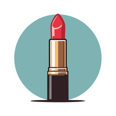Illustration of a Vibrant Red Lipstick Standing Upright with a Brown and Gold Tube Against a Teal Background
