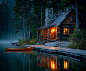 Fototapeta premium Cozy rustic cabin by serene lake illuminated at twilight