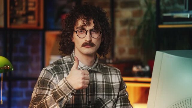 Funny male programmer showing thumbs up while working on computer, 90s lifestyle