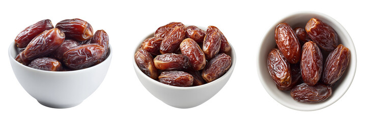 Set of white bowl of dates isolated on a transparent background