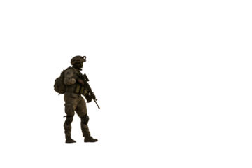 Fully equipped special forces soldier in advanced tactical gear, armed with a modern rifle, standing ready for strategic deployment and national defense operations