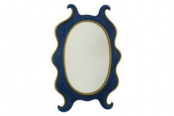 Mirror featuring wavy blue handcrafted wooden frame with golden inner border, enhancing elegant home decor on transparent backdrop