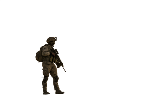 Fully equipped special forces soldier in advanced tactical gear, armed with a modern rifle, standing ready for strategic deployment and national defense operations