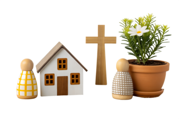 Wooden peg people, a charming house, and a cross figurine symbolizing family, faith, and home against a clean white background