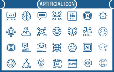 Artificial intelligence line icon set with machine learning, automation, chatbot and data analysis symbols
