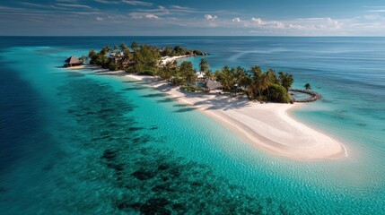 Fototapeta premium A pristine tropical island features soft, white sand beaches lining turquoise waters. Palm trees sway gently, while a few charming buildings dot the shore, offering a serene escape in paradise