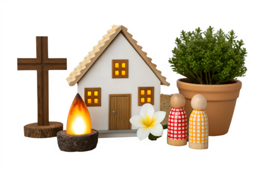 Rustic wooden cross miniature house and potted plant with decorative figures on white background isolated on white background - Powered by Adobe