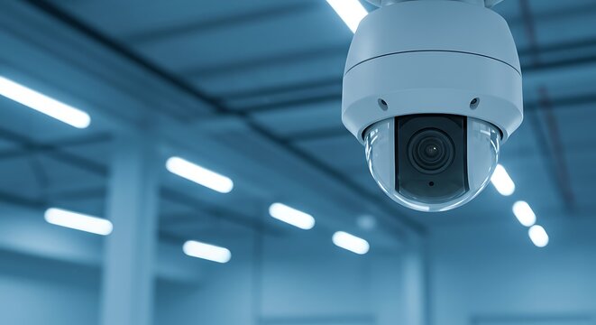 Modern surveillance camera mounted on ceiling with bright fluorescent lights in background