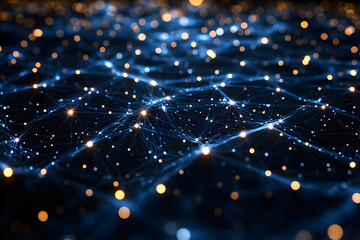 Abstract digital network illustration featuring interconnected nodes and glowing particles against a dark background, representing technology, data flow, and innovation in a modern context