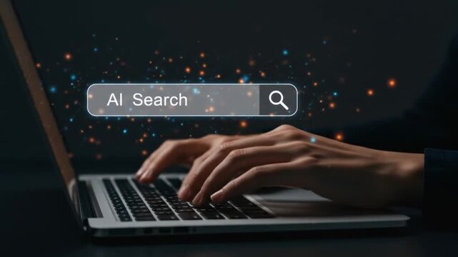Hands typing AI search query on laptop, modern technology, data analysis, digital world concept