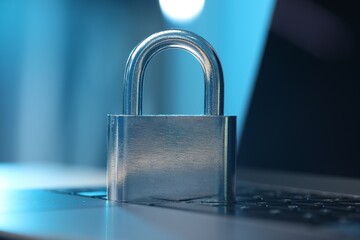Fototapeta premium Cyber safety. Metal padlock on laptop, closeup