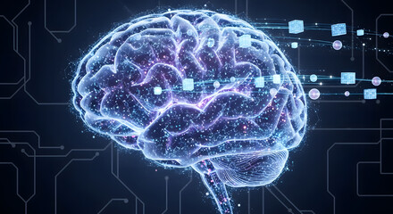 Stylized human brain with luminous neural connections, representing machine learning and data processing. Photorealistic, HD.