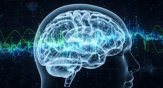 Stylized human brain with luminous neural connections, representing machine learning and data processing. Photorealistic, HD.