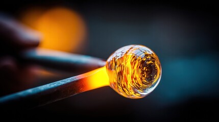 The molten glass swirls inside a clear sphere, demonstrating the process of glassblowing with fiery colors.