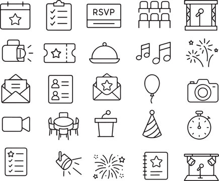 Event Planning Line Icons Set Calendar, Checklist, Ticket, Catering, Entertainment, Party, Celebration Vector Illustration Pack