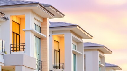 Fototapeta premium Modern Row Houses at Sunset with Warm Lighting