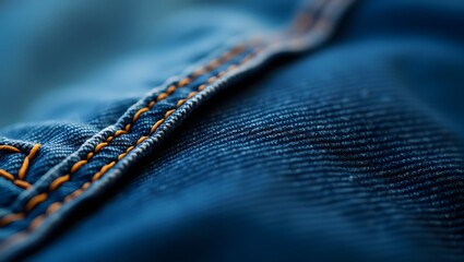 Blue Denim Fabric with Richly Textured Weave, Macro Close-up of Jeans with Classic Orange Stitching, High-Quality Jeans Fabric Detail with Shallow Depth of Field, A Close-up of a Denim Seam