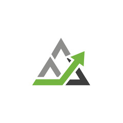 Abstract logo symbolizing growth and upward trend. Green arrow within triangles.