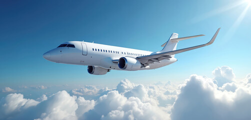 Obraz premium Modern white jetliner soars through clear blue sky above fluffy clouds. Aircraft offers smooth air travel, freedom, high altitude journey. Perfect for business leisure trips, business travel.