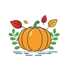 Vibrant Autumn Pumpkin Surrounded by Falling Leaves and Greenery