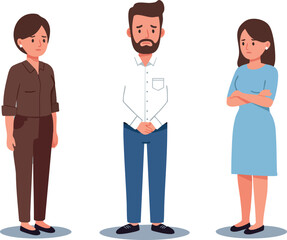 Fototapeta premium Group of three diverse people standing with different expressions and poses vector illustration 